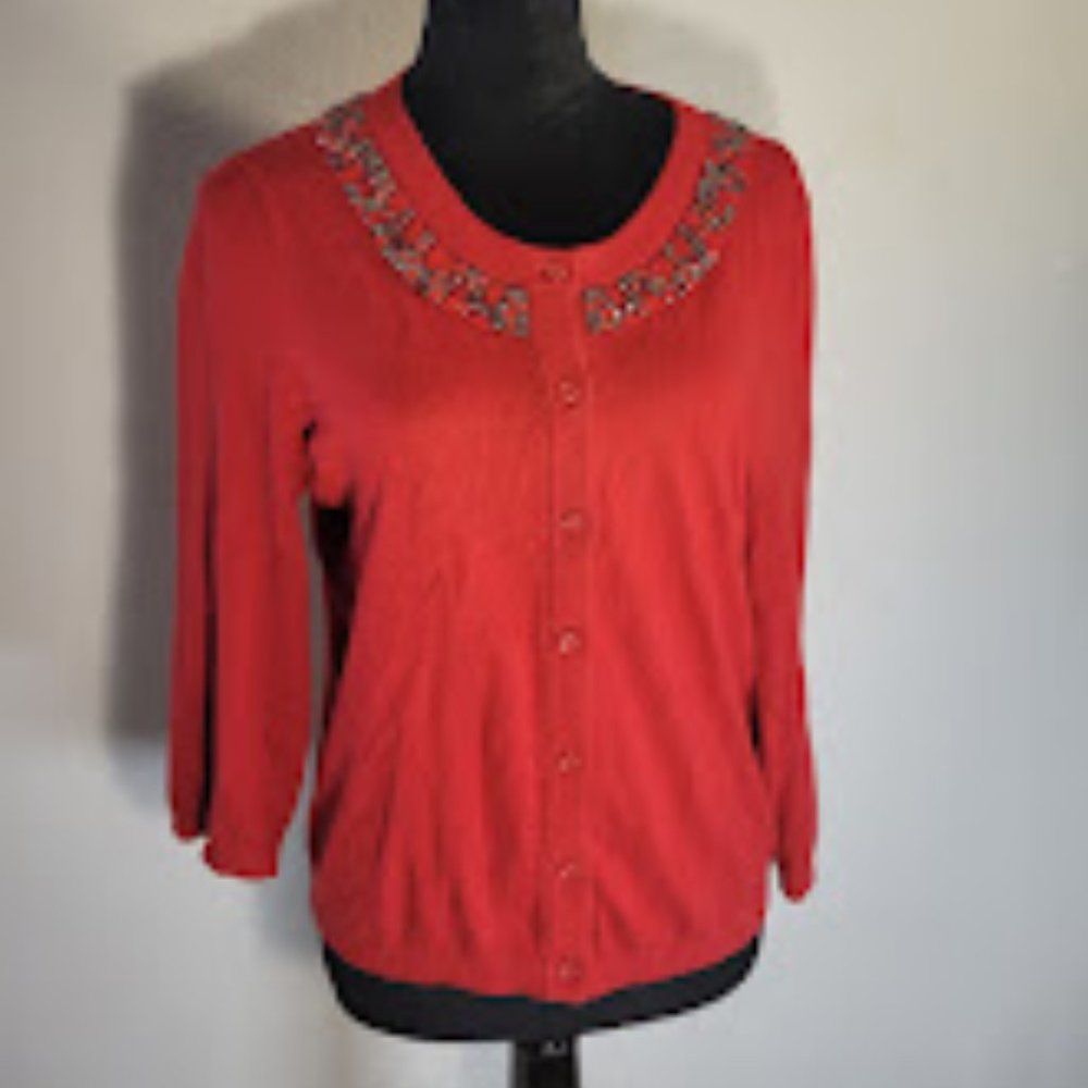 Kate Spade red jeweled embellished cardigan sweater size Large